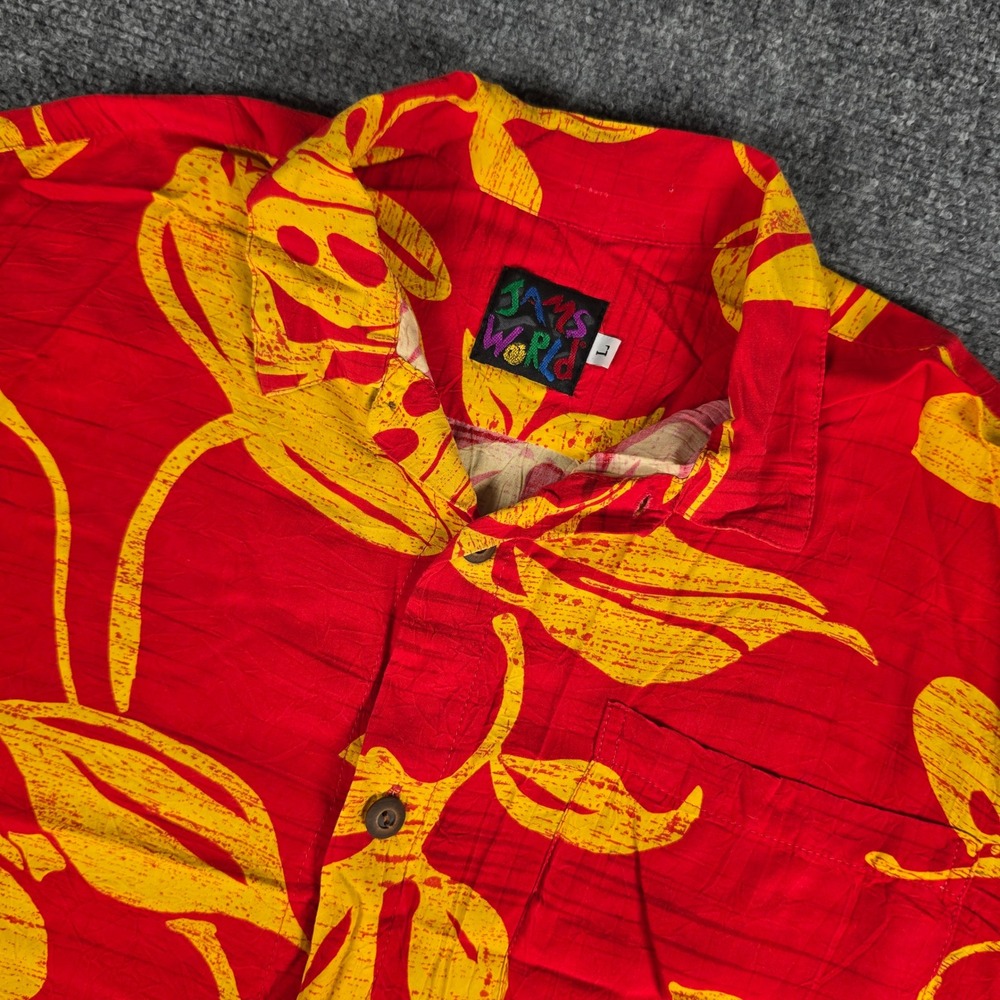 Vtg Jams World Button Down Shirt Mens L Red Yellow Tropical‎ Floral Aloha Rayon